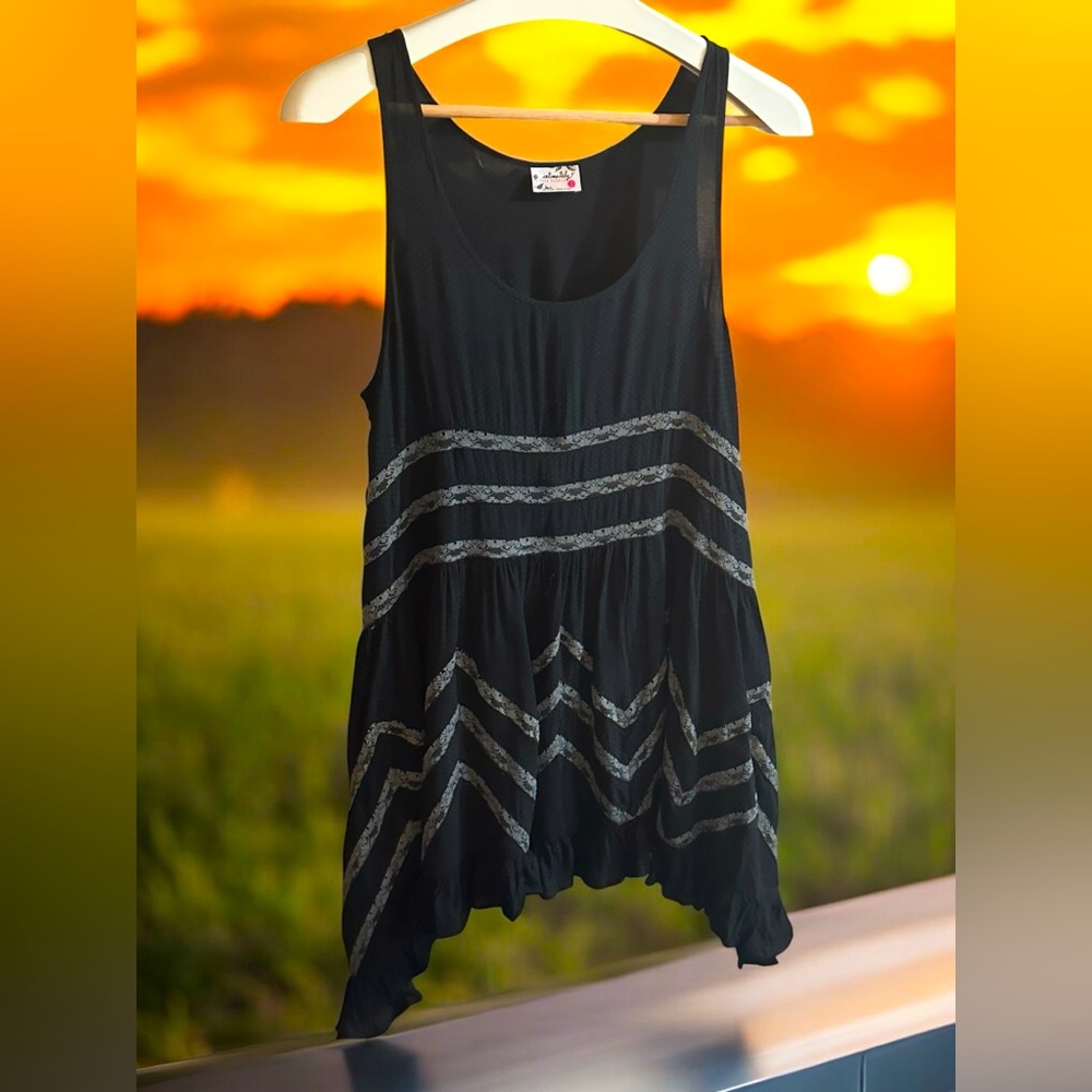 Free People Intimately | Black Asymmetrical Tiered Tank Top w/ Lace Detail Sz:S